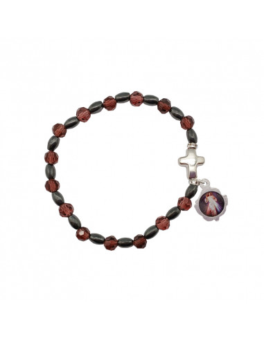 Pulsera Cristal Morado 6mm Con Ematite y Cruz