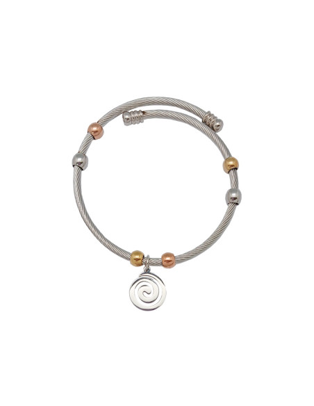 Pulsera Acero Blanco Rayado Con Bolitas Doradas Y Colgante