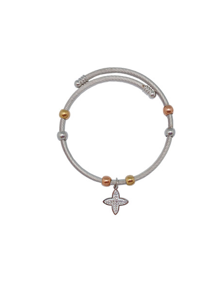 Pulsera Acero Blanco Rayado Con Bolitas Doradas Y Colgante