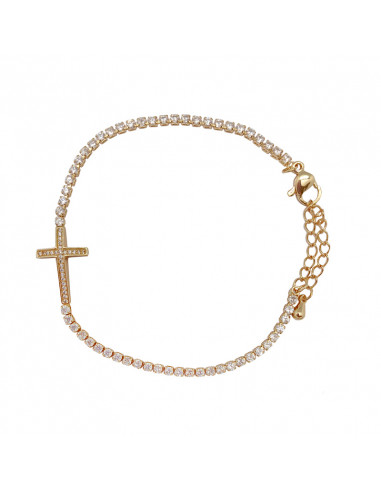 Pulsera acero cadena dorada con cristales y cruz con cristales al centro