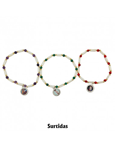 Pulsera Elastica tubos nacar con piedras 5mm 3 colores surtidos