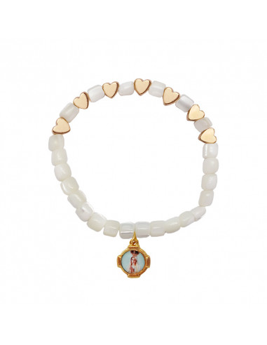 Pulsera elastica tubos nacar 6mm con corazones dorados