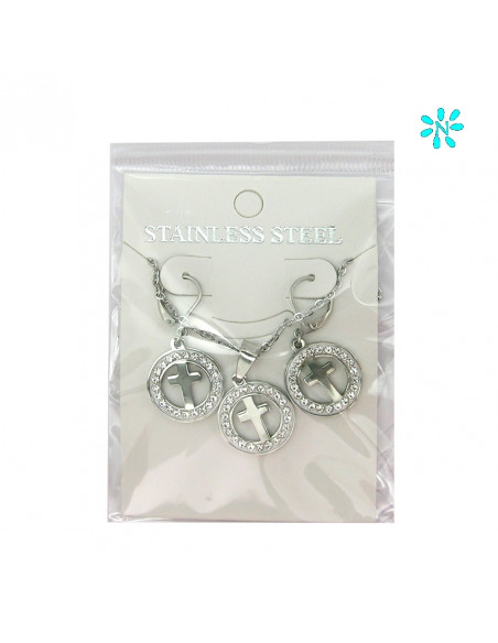 Juego Colgante Redondo 1. 5Cm Y Pendientes Acero Disco Zirconitas Y Cruz Interna