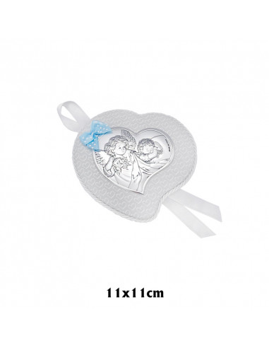 Medalla Cuna Plata Corazon Lazo Azul Angel con Candil Sobre Piel Celeste Con Corazones 11x5cm