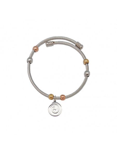 Pulsera Acero Blanco Rayado Con Bolitas Doradas Y Colgante