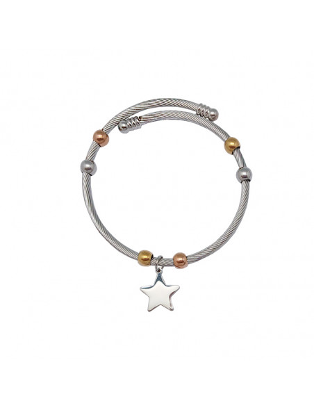 Pulsera Acero Blanco Rayado Con Bolitas Doradas Y Colgante