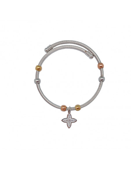 Pulsera Acero Blanco Rayado Con Bolitas Doradas Y Colgante