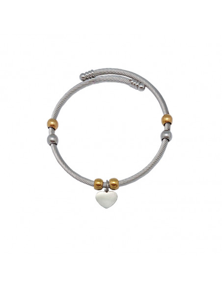 Pulsera Acero Blanco Rayado Con Bolitas Doradas Y Colgante