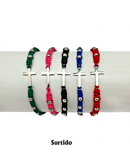 Pulsera Cuerda Trenzada Con Cruz Central Acero Y Bolitas Colores Surtidos