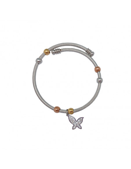Pulsera Acero Blanco Rayado Con Bolitas Doradas Y Colgante