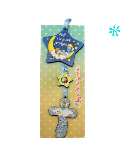 Medalla Cuna Estrella Angel De La Guarda Azul Con Cruz Personalizable