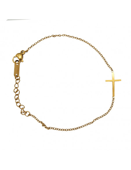 Pulsera Acero Cadena Dorada Con Cruz Lisa Al Centro