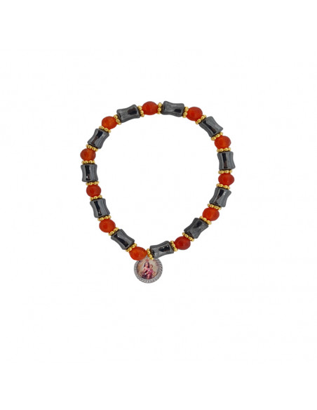Pulsera Acero Blanco Rayado Con Bolitas Doradas Y Colgante