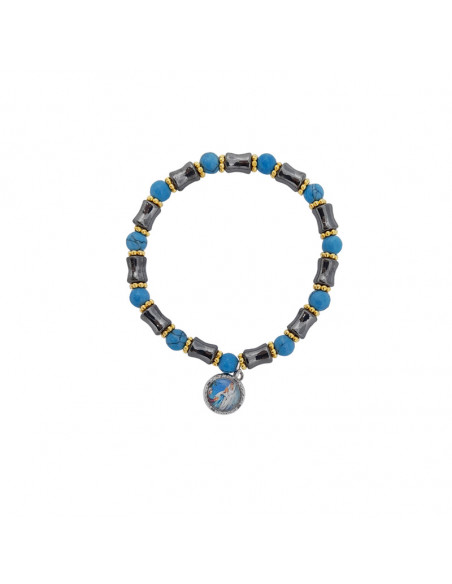 Pulsera Acero Blanco Rayado Con Bolitas Doradas Y Colgante