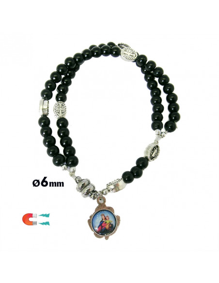 Pulsera Rosario Cristal Liso Negro 5Mm Paters Medalla San Benito Cierre Magnetico