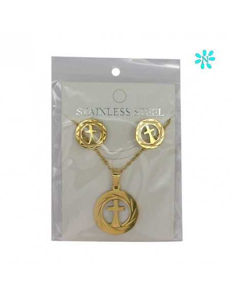 Juego Colgante Redondo 2. 4 Cm Y Pendientes Acero Dorado Disco Borde Rayado Y Cruz Interna