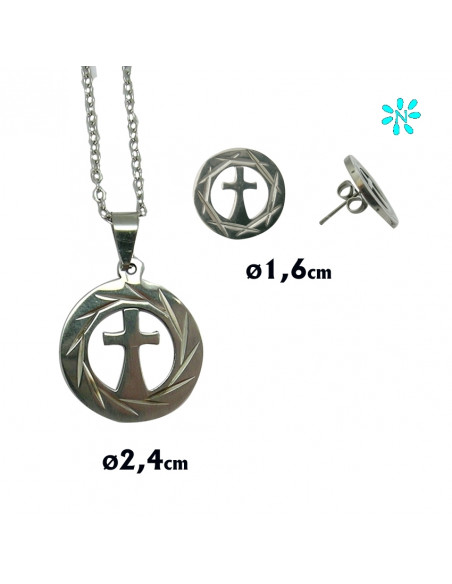 Juego Colgante Redondo 2. 4Cm Y Pendientes Acero Disco Borde Rayado Y Cruz Interna