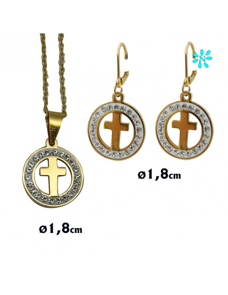Juego Colgante Redondo 1. 8Cm Y Pendientes Acero Dorado Disco Zirconitas Y Cruz Interna