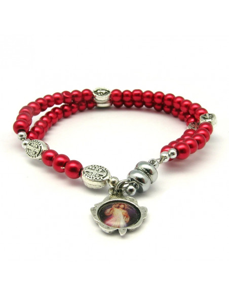 Pulsera Rosario Cristal Liso Rojo 5Mm Paters Medalla San Benito Cierre Magnetico