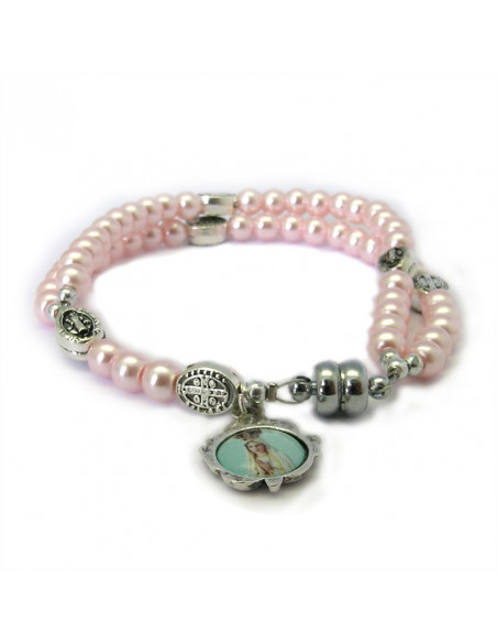 Pulsera Rosario Cristal Liso Rosa 5Mm Paters Medalla San Benito Cierre Magnetico