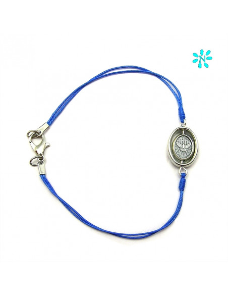 Pulsera Sagrada Familia Y Espiritu Santo Cordon Fino Azul Centro Giratorio