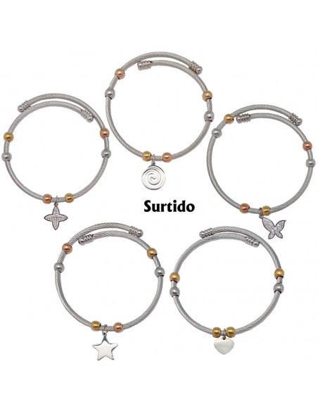 Pulsera Acero Blanco Rayado Con Bolitas Doradas Y Colgante