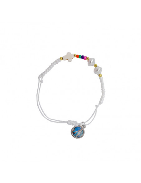 Pulsera Cuerda Bolitas Mini Con 2 Perlas Blancas Y Cruz Varios Colores