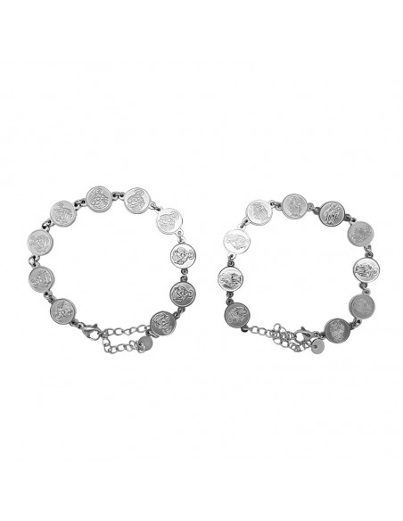 Pulsera Acero Escapulario Medallas Redondas 10Mm Virgen Carmen Y Sagrado Corazon